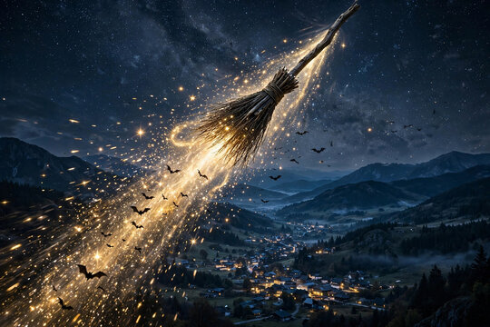 Witch's broomstick blasting off like a rocket into a starry night sky over a moonlit village