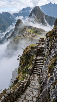 Ancient Inca stone steps leading to Machu Picchu in the fog