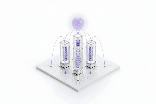 Isometric view of a futuristic data server structure with three glass towers and a glowing purple sphere on a white circuit board platform