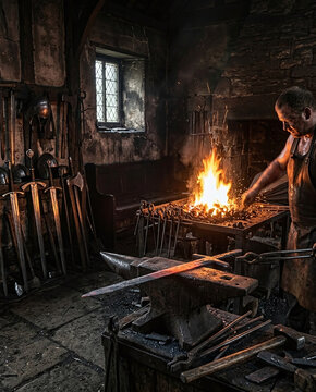 Medieval blacksmith forging a glowing sword in a dark workshop