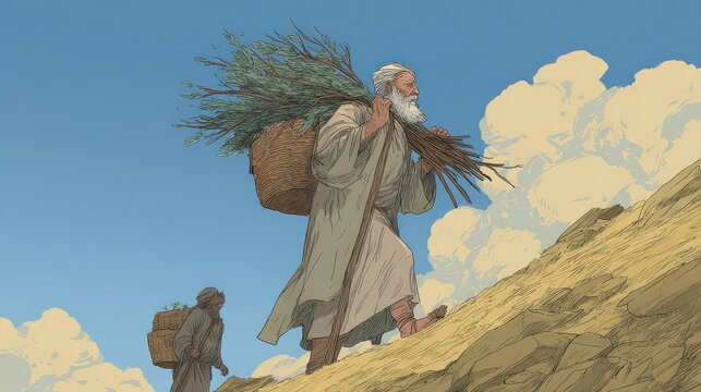 Isaac Carrying Wood Up Mount Moriah as Abraham Walks Behind Him in a Biblical Trial of Faith