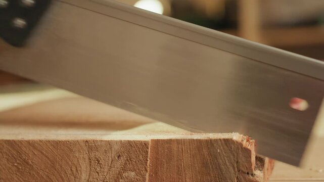 Close up sequence shows hand using fine toothed tenon saw to cut along marked lines in solid wood emphasizing precision of manual joinery techniques woodcutting