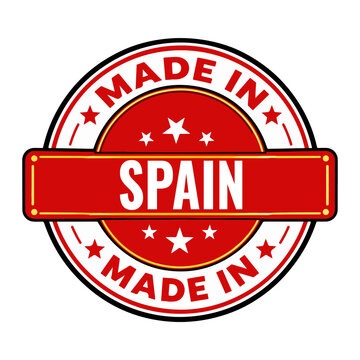 Red round badge with spain country label and made in eu flag
