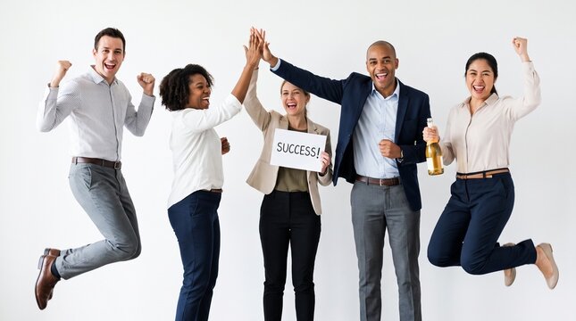 A diverse group of five business professionals joyfully celebrating a successful achievement with high fives and raised fists, one holding a sign that says SUCCESS.