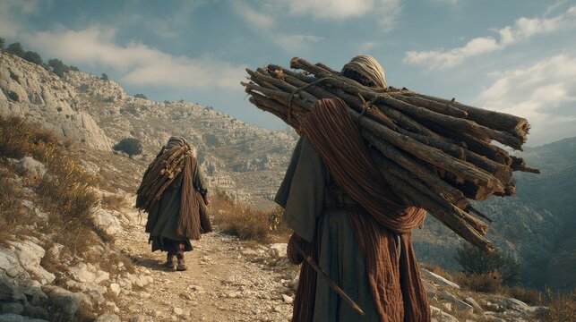 Isaac Carrying Wood Up Mount Moriah as Abraham Walks Behind Him in a Biblical Trial of Faith