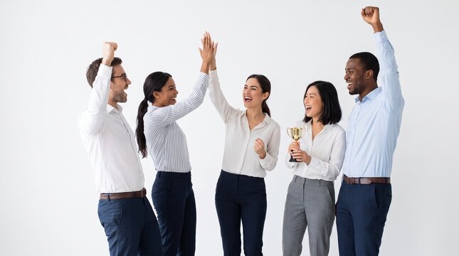 A diverse group of five business professionals celebrating a victory with high fives and a trophy.