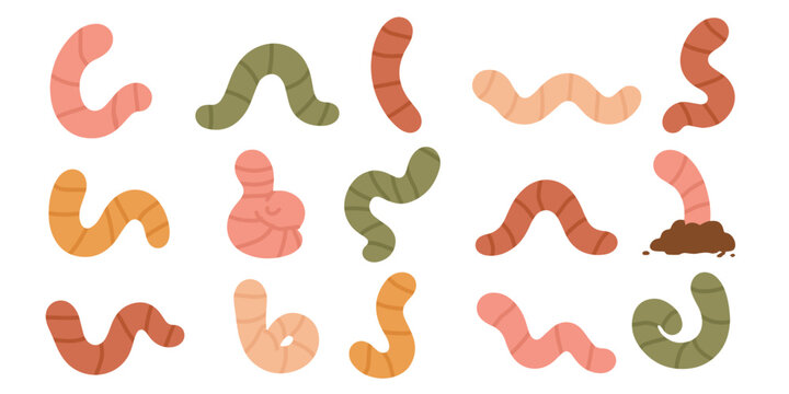 Colorful Worm Collection Hand Drawn Vector Illustration Set with Cute Cartoon Worms