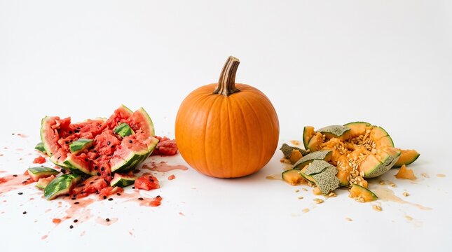 A whole orange pumpkin sits between a smashed watermelon and a broken green squash on a white background, showcasing contrast.