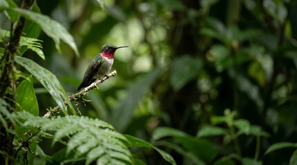 Fototapeta premium Hummingbird perched on a small branch in a lush tropical forest with small bird lush foliage exotic bird nature wildlife green forest bird watching wild avian rainforest bird
