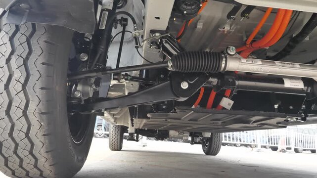 Low Angle View of Truck Rear Axle and Suspension System Underbody