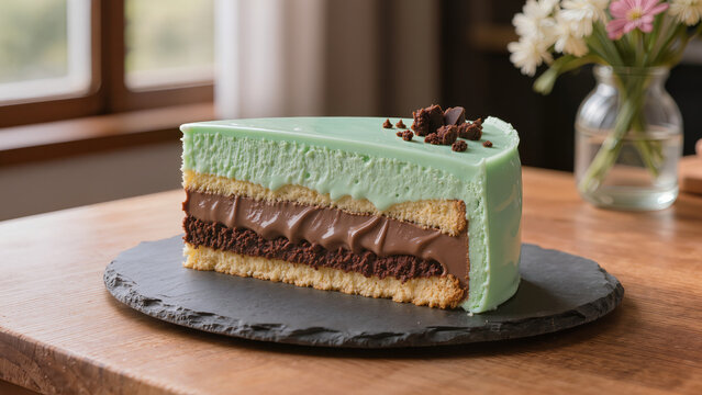 Mint chocolate mousse cake slice with layered sponge on wooden table near window