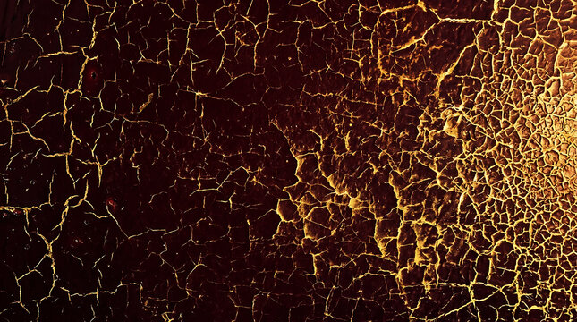 Abstract golden cracked texture with glowing lines on a dark black and deep red background