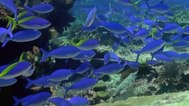 Blue Schooling Fish Swim around a Coral Garden. A subdued underwater view with mixed reef colors shows fish moving with visible reef structure, documenting marine habitat and biodiversity.