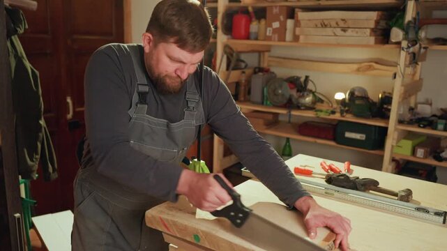 Man wearing gray overalls operates handsaw on wooden material in workshop. Various hand tools like pliers clamps screwdrivers are arranged around workbench while shelves with lumber