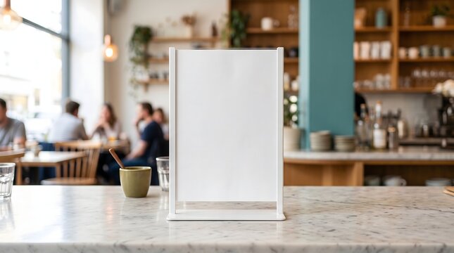 Blank tabletop sign in a busy cafe with blurred background