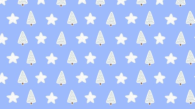 Seamless animation of white Christmas trees and stars on blue background