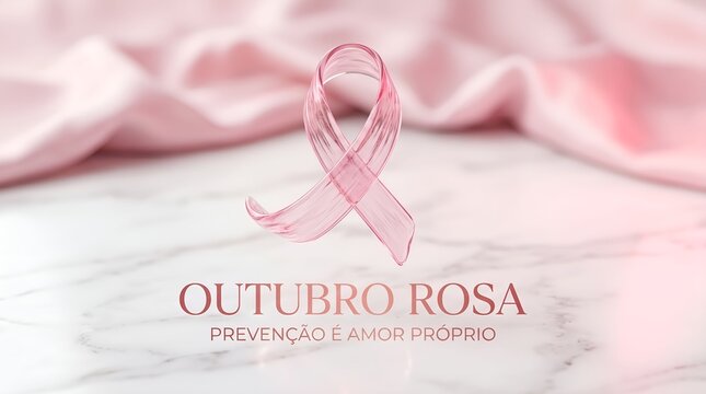 Translucent pink ribbon on white marble with satin fabric and text Pink October Prevention and Self-Love - breast cancer awareness, self-care, health campaign with Portuguese text
