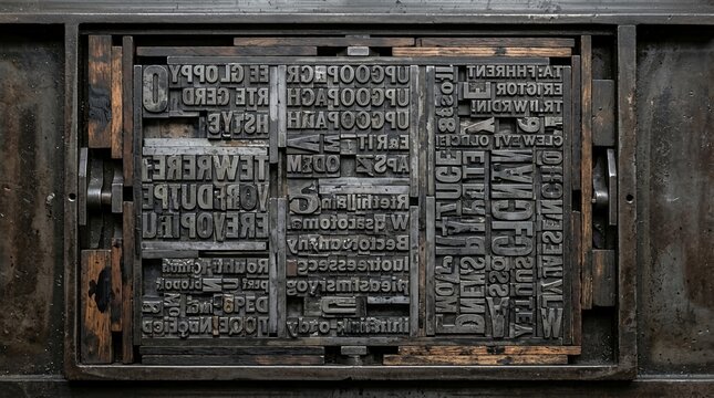 Vintage Letterpress Typography Metal Blocks Set in Wooden Frame