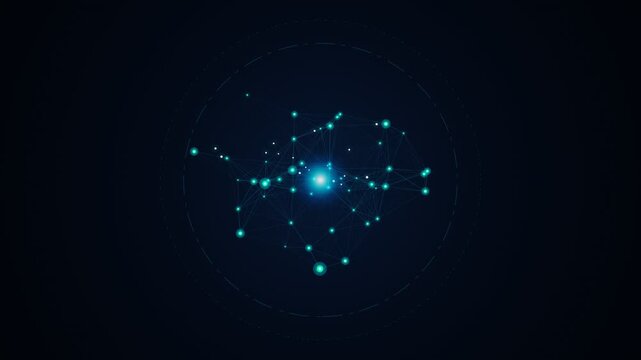 Static shot of rotating circular plexus network with central glowing blue core and connected digital nodes