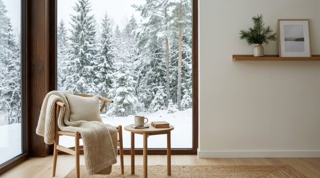 Cozy minimal room with armchair and blanket by large window overlooking snowy winter forest landscape.