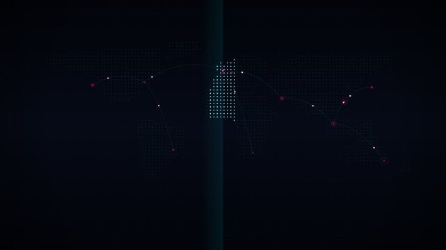 Static shot of digital dotted world map with vertical scanning line revealing global trajectory connection routes