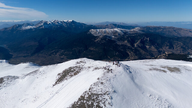 Aerial view of snowy Mount Zireia summit in Corinthia, Greece, Mount Kyllini