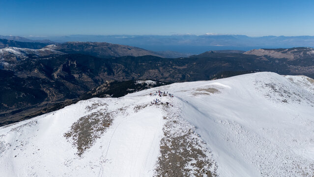 Aerial view of snowy Mount Zireia summit in Corinthia, Greece, Mount Kyllini