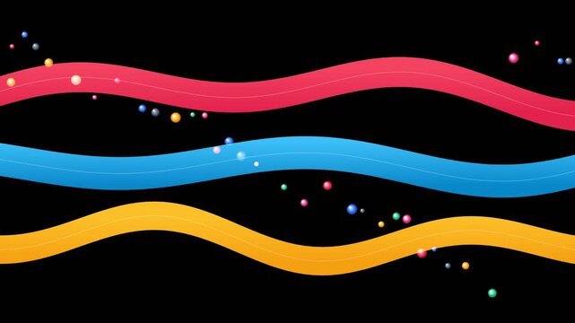 Static shot of three vibrant wave ribbons undulating with bouncing glossy pearl beads on solid black background