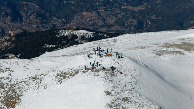 Aerial view of snowy Mount Zireia summit in Corinthia, Greece, Mount Kyllini