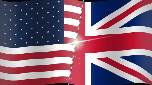 Static shot of American flag and British Union Jack flag waving side by side with glowing light streak separator