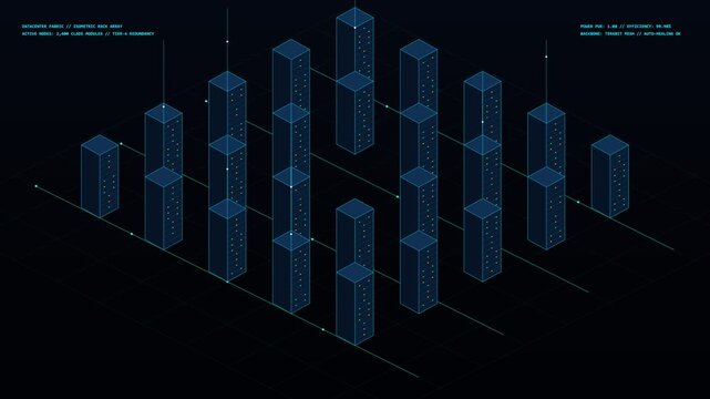High angle isometric shot of futuristic server racks cluster with glowing data pulses on dark grid