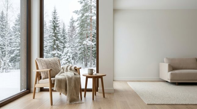 Minimalist cozy living room with armchair and sofa facing large window overlooking snowy winter forest.