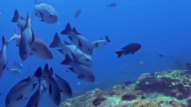 Schooling Reef Fish Swim above a Rocky Reef in Blue Water. A subdued underwater view with cool blue tones shows fish moving with visible reef structure, documenting marine habitat and biodiversity.