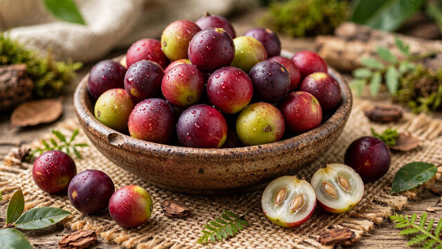 Brazilian camu camu fruit fresh red purple rustic bowl halved seeds

