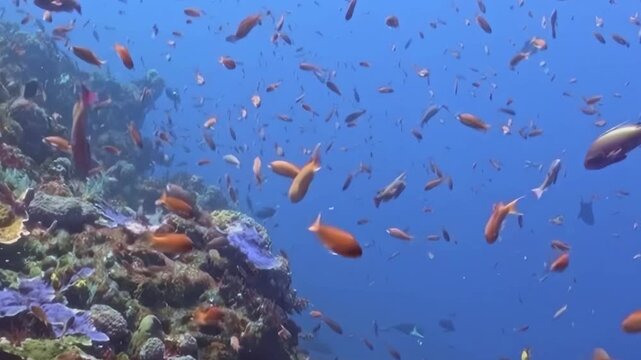 Schooling Reef Fish Swim over a Coral Reef in Blue Water. A well-lit underwater view with cool blue tones shows fish moving with visible reef structure, documenting marine habitat and biodiversity.