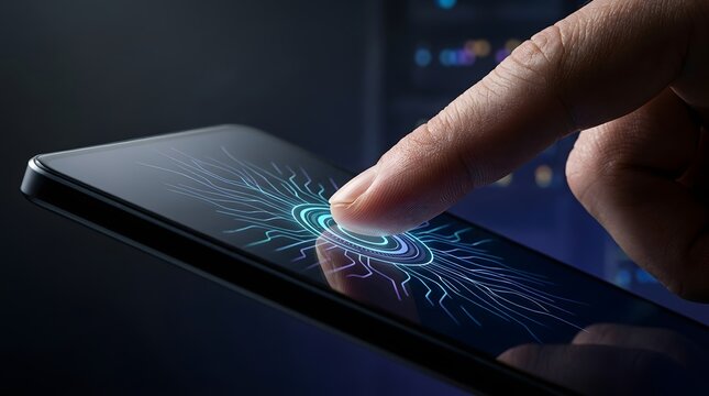 Finger touching smartphone screen with futuristic biometric security scan, activating digital access and symbolizing advanced data protection technology