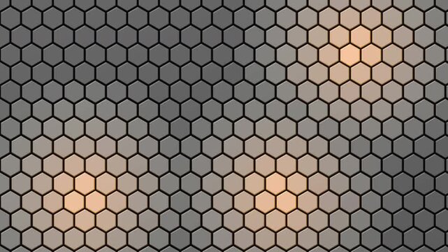 Abstract dark gray background with a repeating hexagonal pattern and soft glowing light spots.