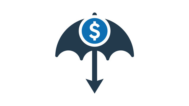 Financial protection icon featuring blue dollar currency symbol under black umbrella with downward arrow