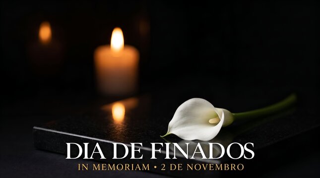White calla lily and lit candles with text All Souls Day and In Memoriam - mourning, remembrance, tribute, November 2nd date, institutional campaign with Portuguese text