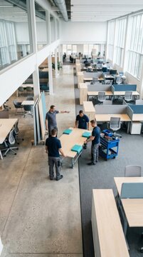 Office workers installing new furniture, moving desks and panels in modern office space with natural light