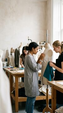 Fashion students learning tailoring by tracing muslin on dress forms in a bright, sunlit workshop classroom
