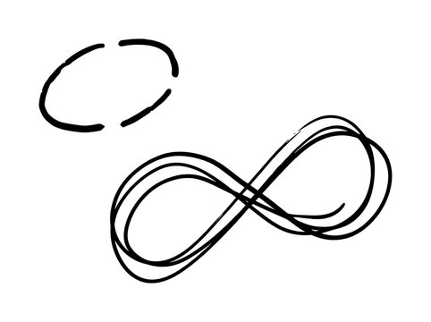 Abstract infinity symbol and broken circle shapes in black ink on white background
