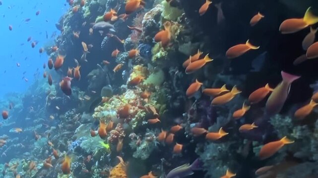 Dense Orange Schooling Fish Swim around a Coral Garden. An underwater view with mixed reef colors shows fish moving with visible reef structure, documenting marine habitat and biodiversity.