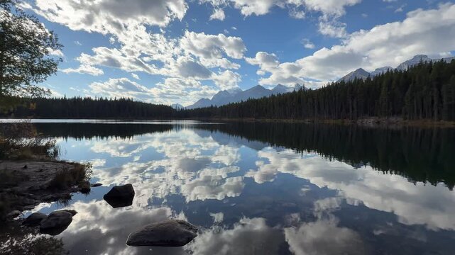 Herbert Lake Reflection with Clouds and Mountains in Banff National Park