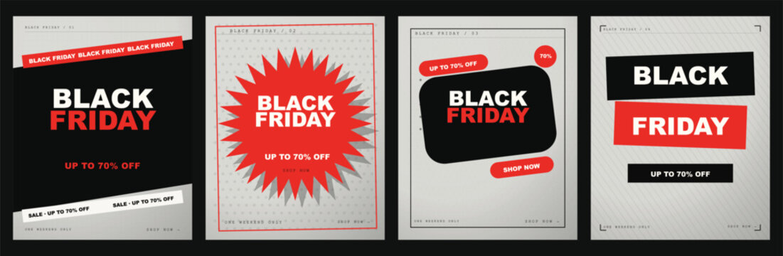 Modern black friday sale vector graphic poster templates with bold typography and discount tags