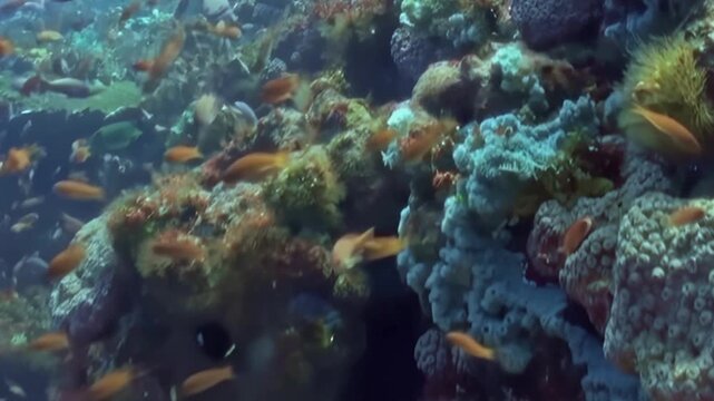 Dense Schooling Reef Fish Swim around the Reef Seabed. The underwater scene shows fish moving with blue water and reef structure, documenting natural marine habitat and biodiversity.