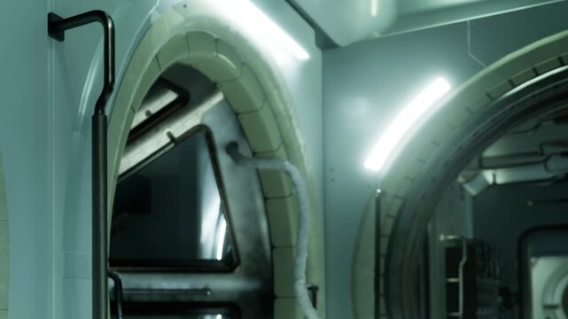 People walk through a narrow corridor in a space station. Bright lights illuminate the walls and large windows reveal a view outside. The interior has a sleek and modern design.