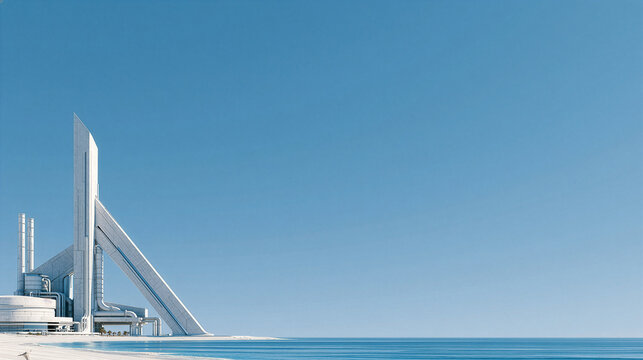 Futuristic Desalination Plant on Coastline with Sky Copy Space
