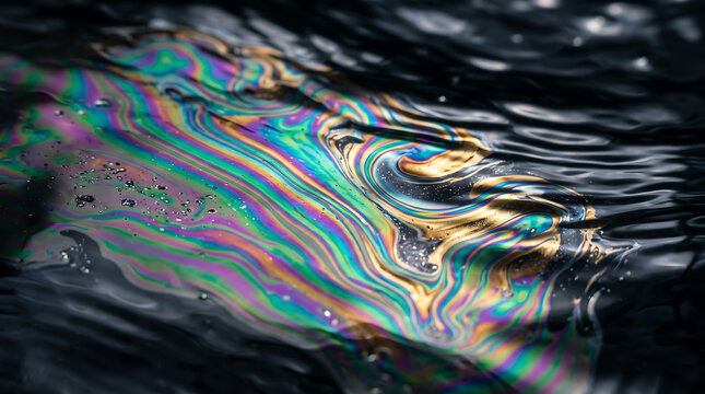 Iridescent Oil Slick Patterns on Dark Rippling Water Surface