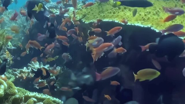Dense Schooling Reef Fish Swim through a Coral Garden. The underwater scene shows fish moving with blue water and reef structure, documenting natural marine habitat and biodiversity.